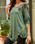 Damen T-Shirt Blumendruck Grün Größe M Baumwolle-4