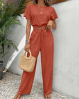 Variant image for Damen Zweiteiler Beige Größe M Polyester - Eleganter Sommer Look mit Fledermausärmeln und Krawattenhose-6