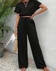 Variant image for Damen Zweiteiler Beige Größe M Polyester - Eleganter Sommer Look mit Fledermausärmeln und Krawattenhose-1