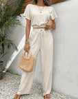 Variant image for Damen Zweiteiler Beige Größe M Polyester - Eleganter Sommer Look mit Fledermausärmeln und Krawattenhose-16
