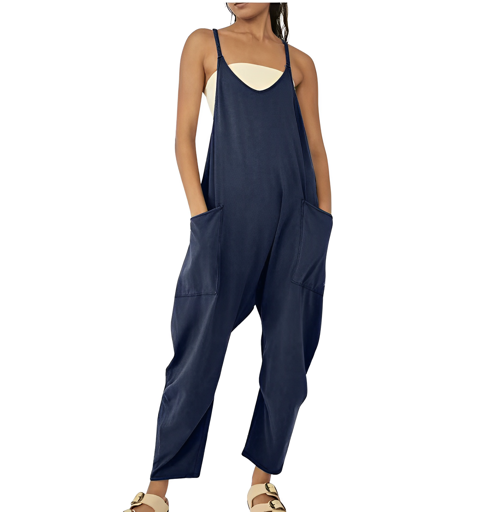 Variant image for Damen Jumpsuit Beige Größe M Leicht Baumwolle Sommer Overall mit Taschen-55