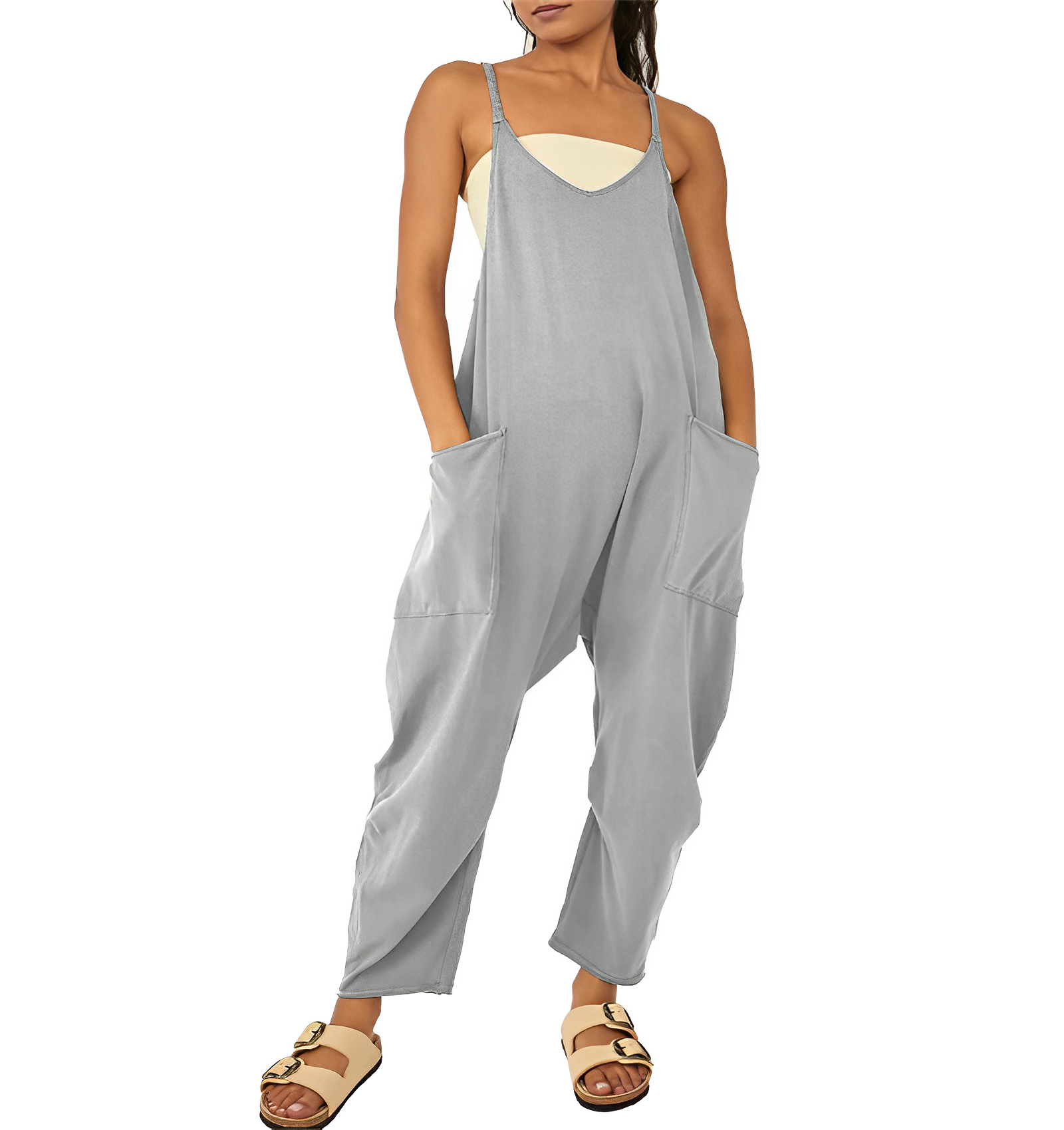 Variant image for Damen Jumpsuit Beige Größe M Leicht Baumwolle Sommer Overall mit Taschen-31