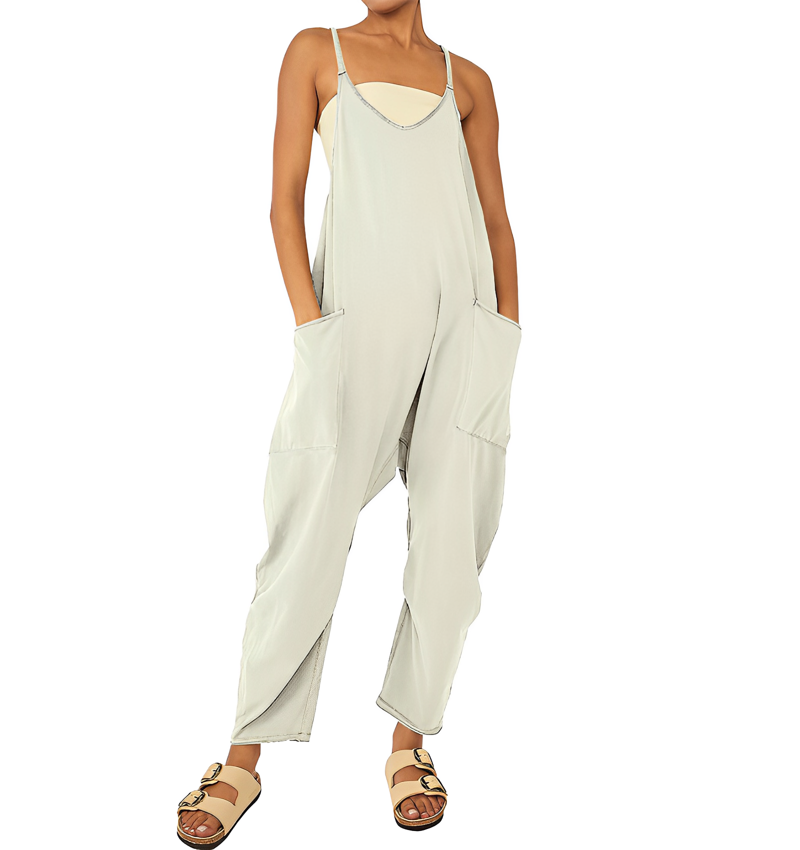 Variant image for Damen Jumpsuit Beige Größe M Leicht Baumwolle Sommer Overall mit Taschen-49