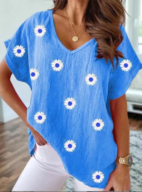 Variant image for Damen T-Shirt Weiß Größe M Polyester V-Ausschnitt 3D-Blumendruck Y2K Harajuku Style-9