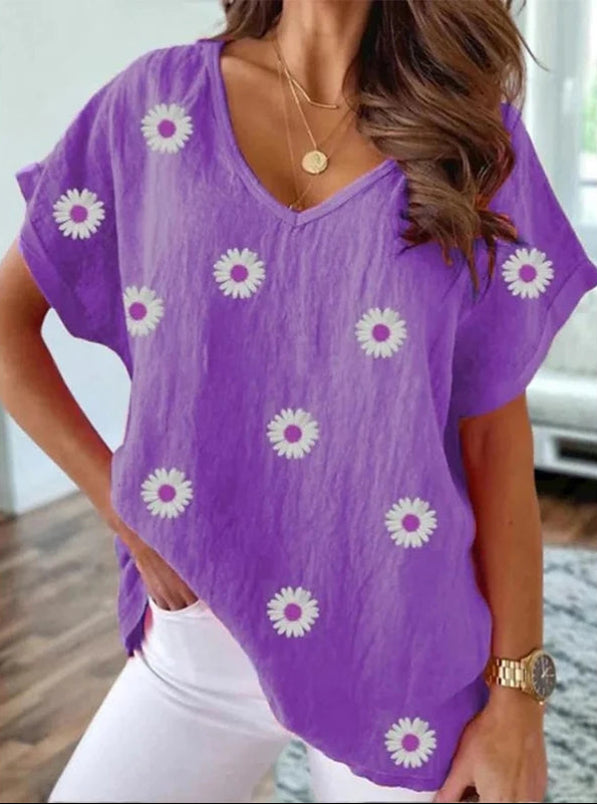 Variant image for Damen T-Shirt Weiß Größe M Polyester V-Ausschnitt 3D-Blumendruck Y2K Harajuku Style-1