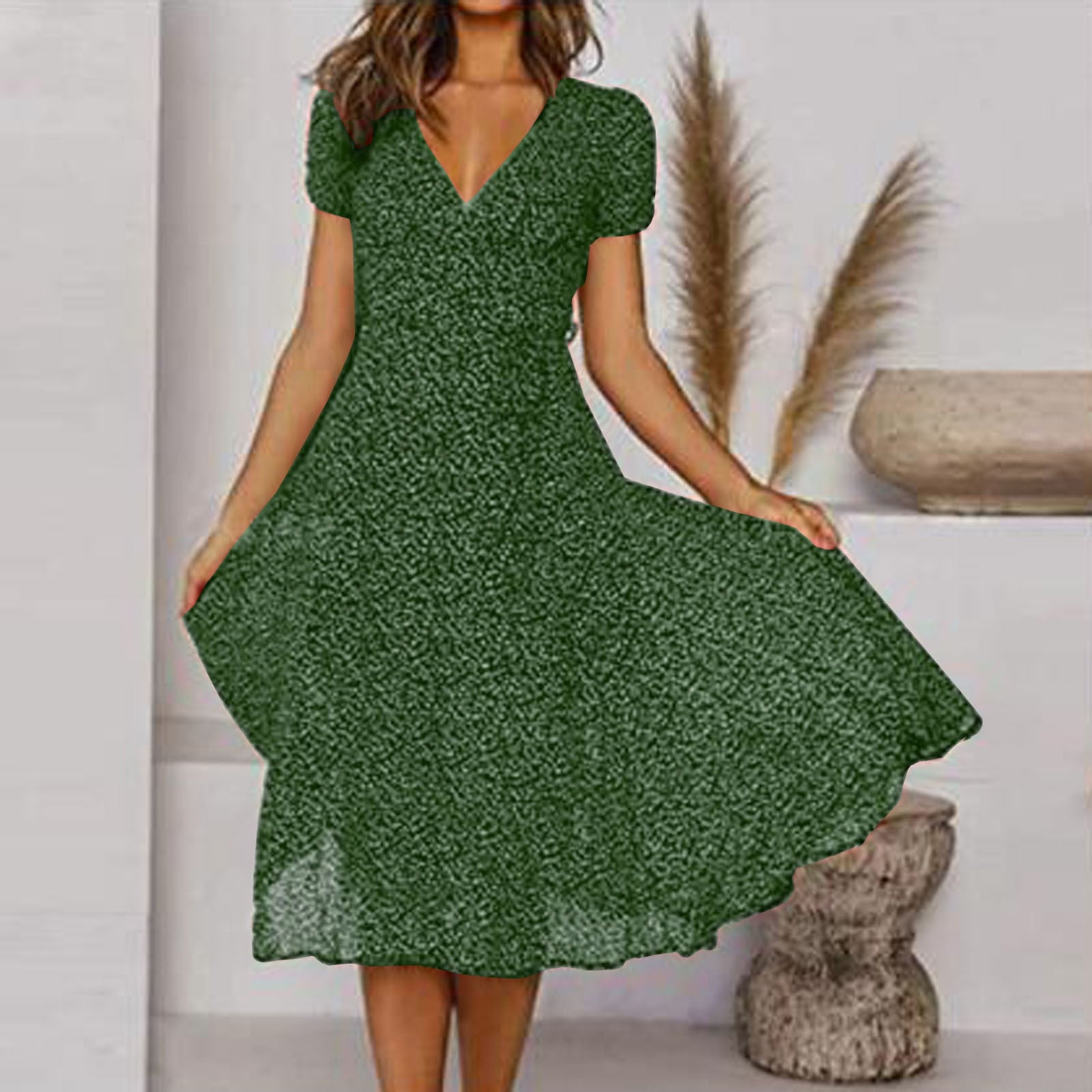 Elegantes Sommerkleid Damen mit V-Ausschnitt und Blumendruck – A-Line Silhouette für stilvolle Anlässe, leichtes Material-1