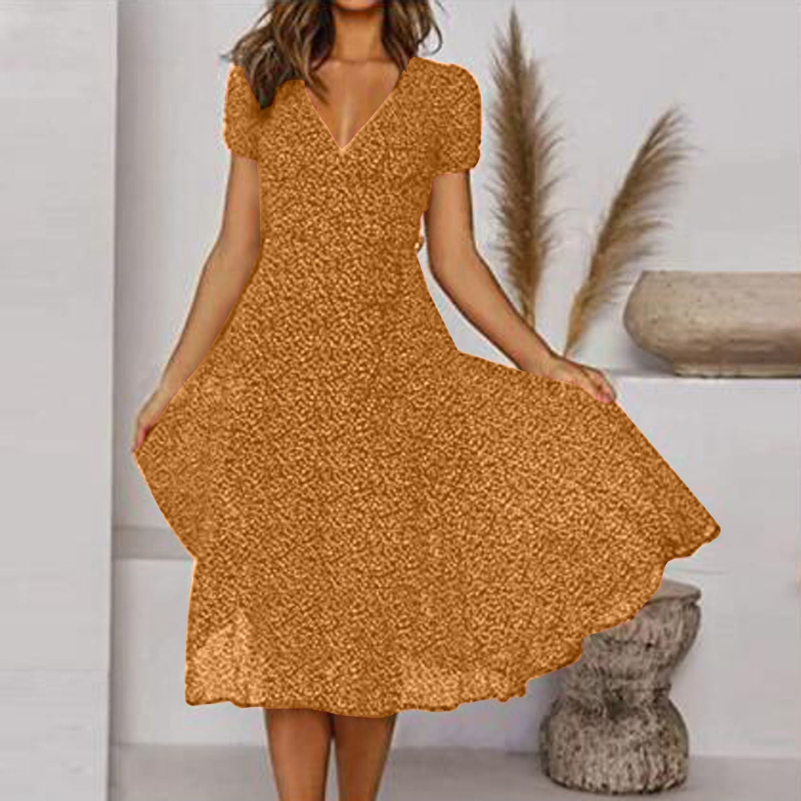 Variant image for Elegantes Sommerkleid Damen mit V-Ausschnitt und Blumendruck – A-Line Silhouette für stilvolle Anlässe, leichtes Material-7