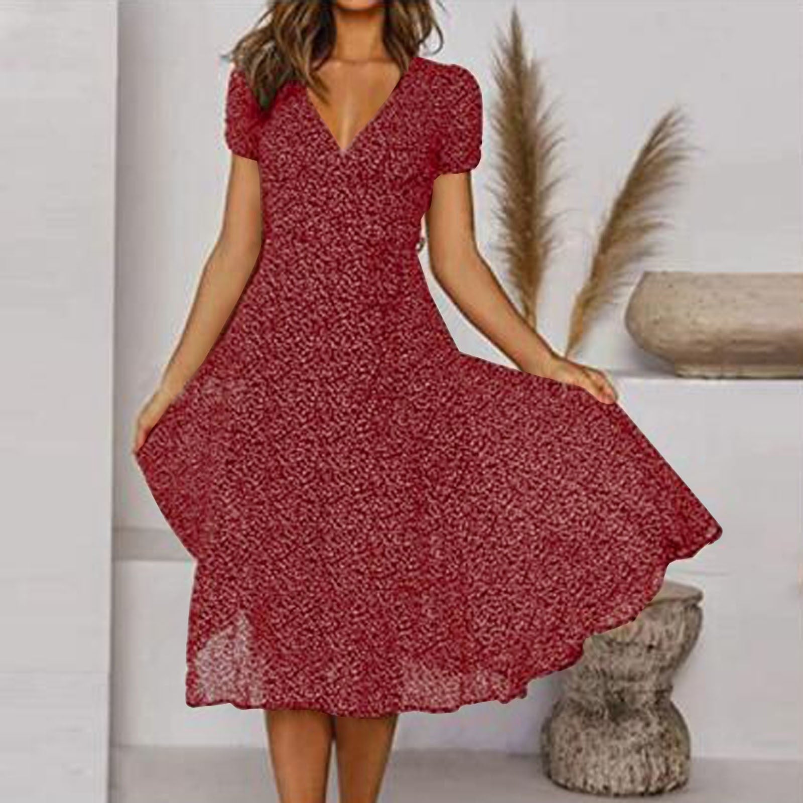 Variant image for Elegantes Sommerkleid Damen mit V-Ausschnitt und Blumendruck – A-Line Silhouette für stilvolle Anlässe, leichtes Material-13