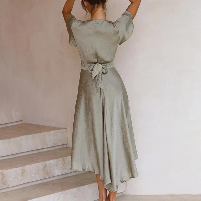 Fließendes Vintage-Damenkleid mit V-Ausschnitt und Gürtel – Festliches Kleid für Sommeranlässe-5