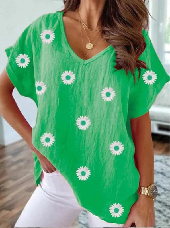 Variant image for Damen T-Shirt Weiß Größe M Polyester V-Ausschnitt 3D-Blumendruck Y2K Harajuku Style-17