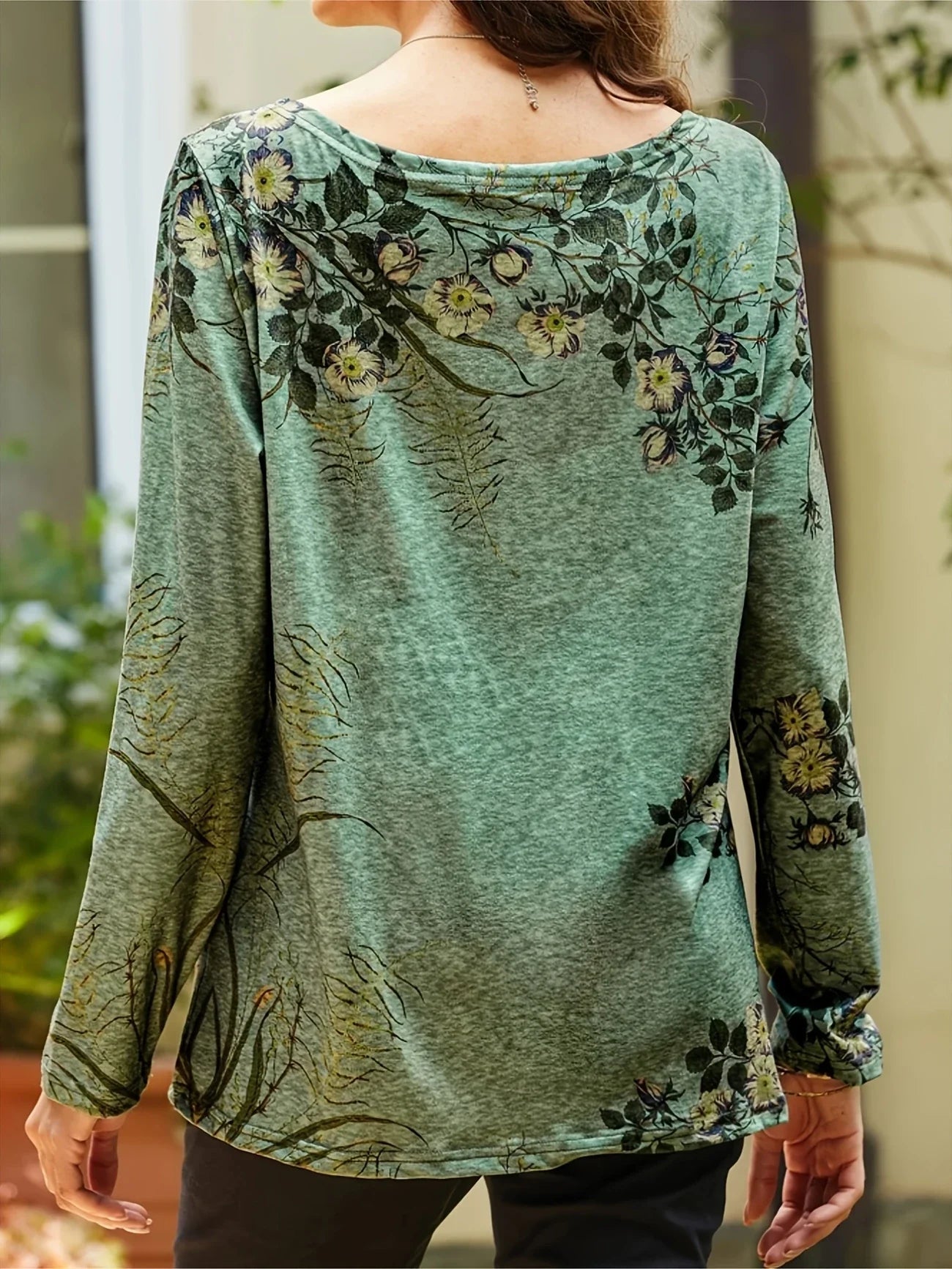 Damen T-Shirt Blumendruck Grün Größe M Baumwolle-3