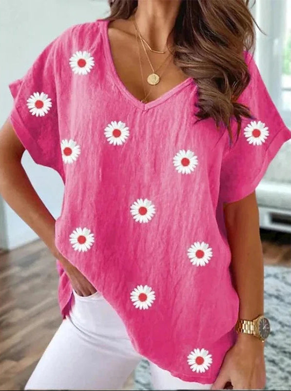 Variant image for Damen T-Shirt Weiß Größe M Polyester V-Ausschnitt 3D-Blumendruck Y2K Harajuku Style-25