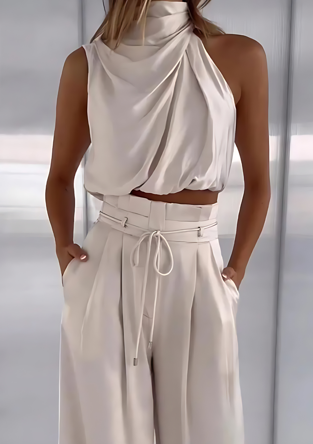 Variant image for Damen Sport Set Beige Größe M Baumwolle Ärmelloses Top und Weite Hosen-4