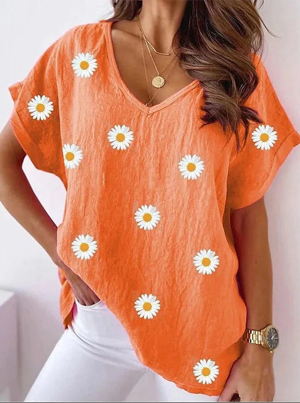 Variant image for Damen T-Shirt Weiß Größe M Polyester V-Ausschnitt 3D-Blumendruck Y2K Harajuku Style-33