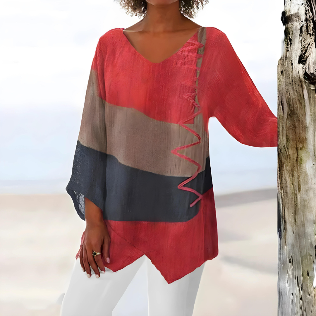 Variant image for Damenbluse Rot Größe M Polyester Patchwork Design mit V-Ausschnitt-1