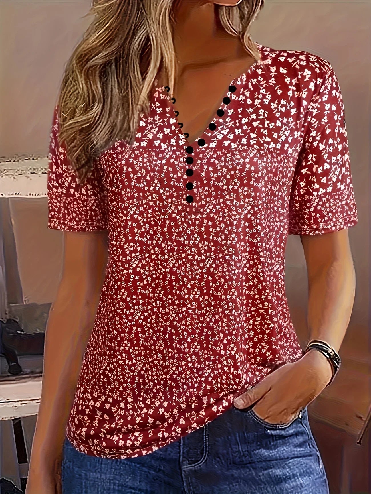 Variant image for Damen Top V-Ausschnitt Beige Größe M Polyester-13