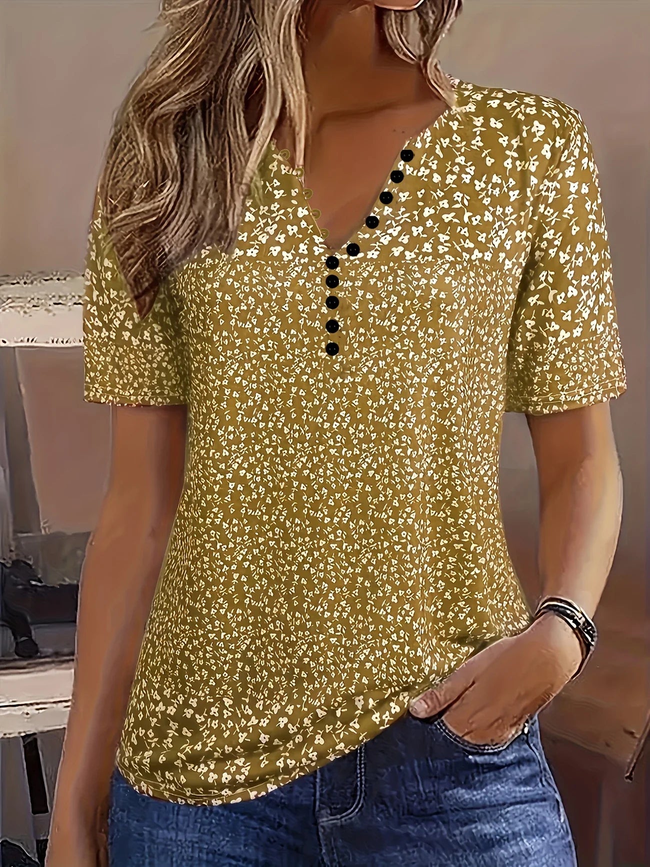 Variant image for Damen Top V-Ausschnitt Beige Größe M Polyester-7