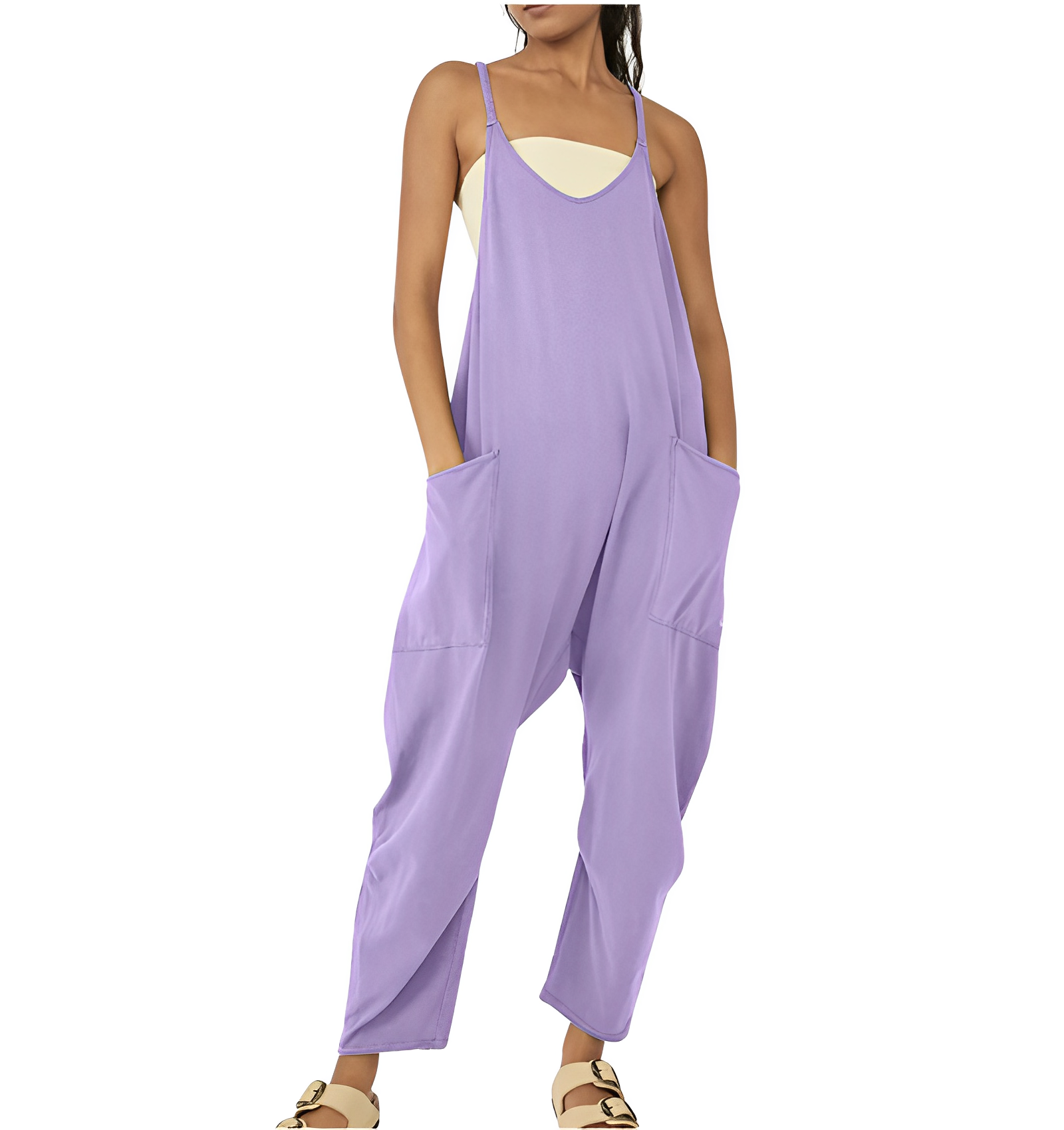 Variant image for Damen Jumpsuit Beige Größe M Leicht Baumwolle Sommer Overall mit Taschen-37