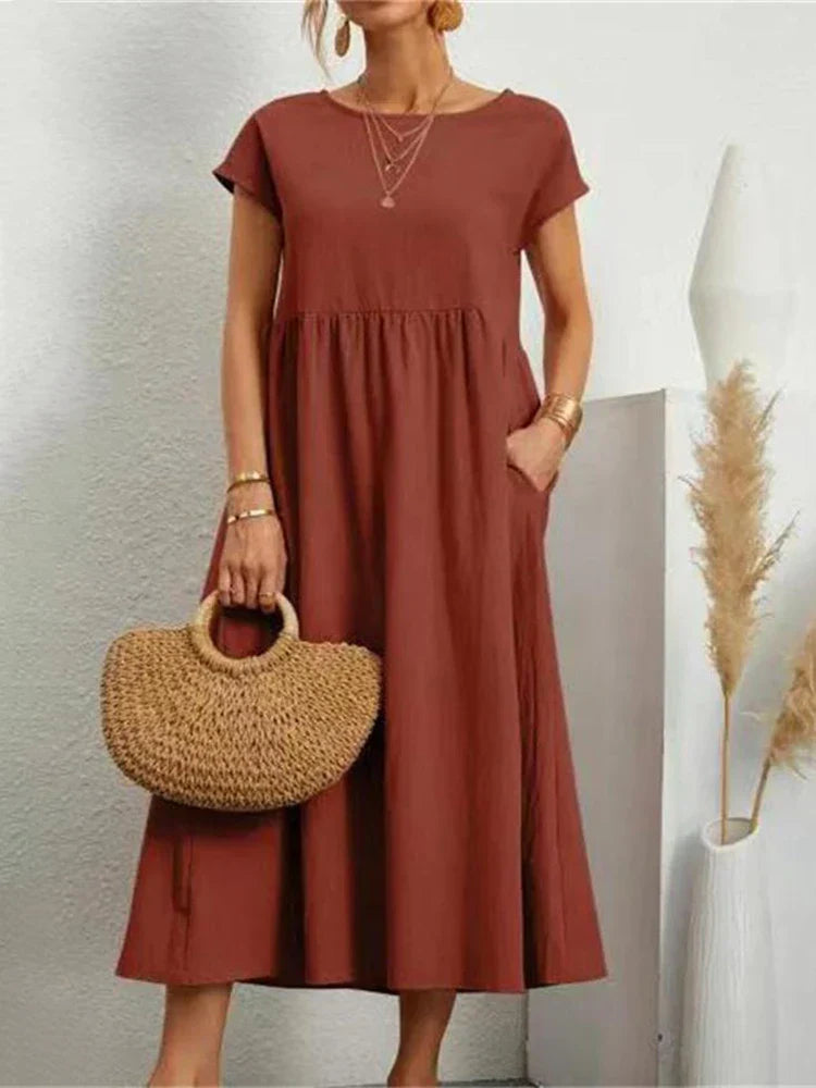 Variant image for O-Neck Vintage Baumwollkleid für Damen – Bequemes, Atmungsaktives Kleid für Sommeranlässe-3