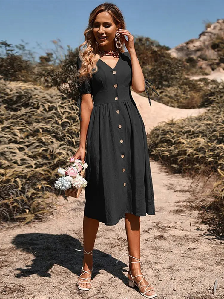 V-Ausschnitt Baumwollkleid für Damen – Atmungsaktiv, Elastische Taille, Ideal für Frühling/Sommer-4