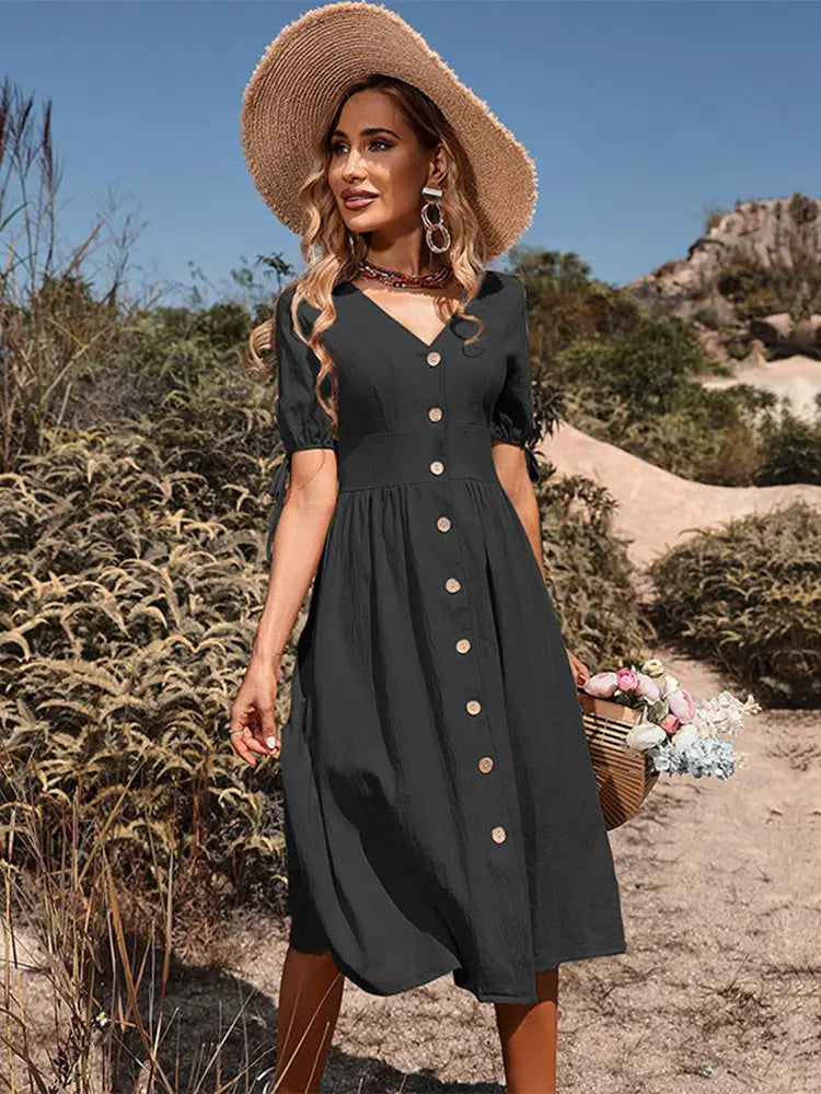 Variant image for V-Ausschnitt Baumwollkleid für Damen – Atmungsaktiv, Elastische Taille, Ideal für Frühling/Sommer-6