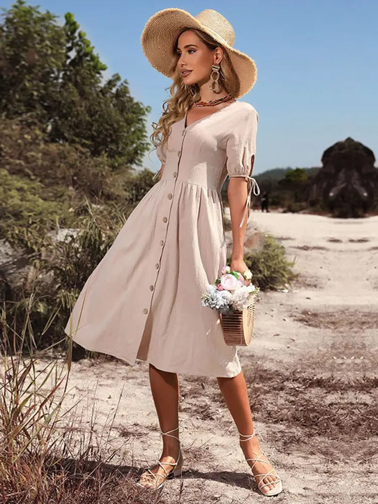 Variant image for V-Ausschnitt Baumwollkleid für Damen – Atmungsaktiv, Elastische Taille, Ideal für Frühling/Sommer-10