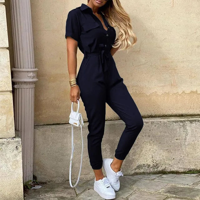 Variant image for Damen Jumpsuit Schwarz Größe M Atmungsaktiver Stoff Kurzarm Elegant-43