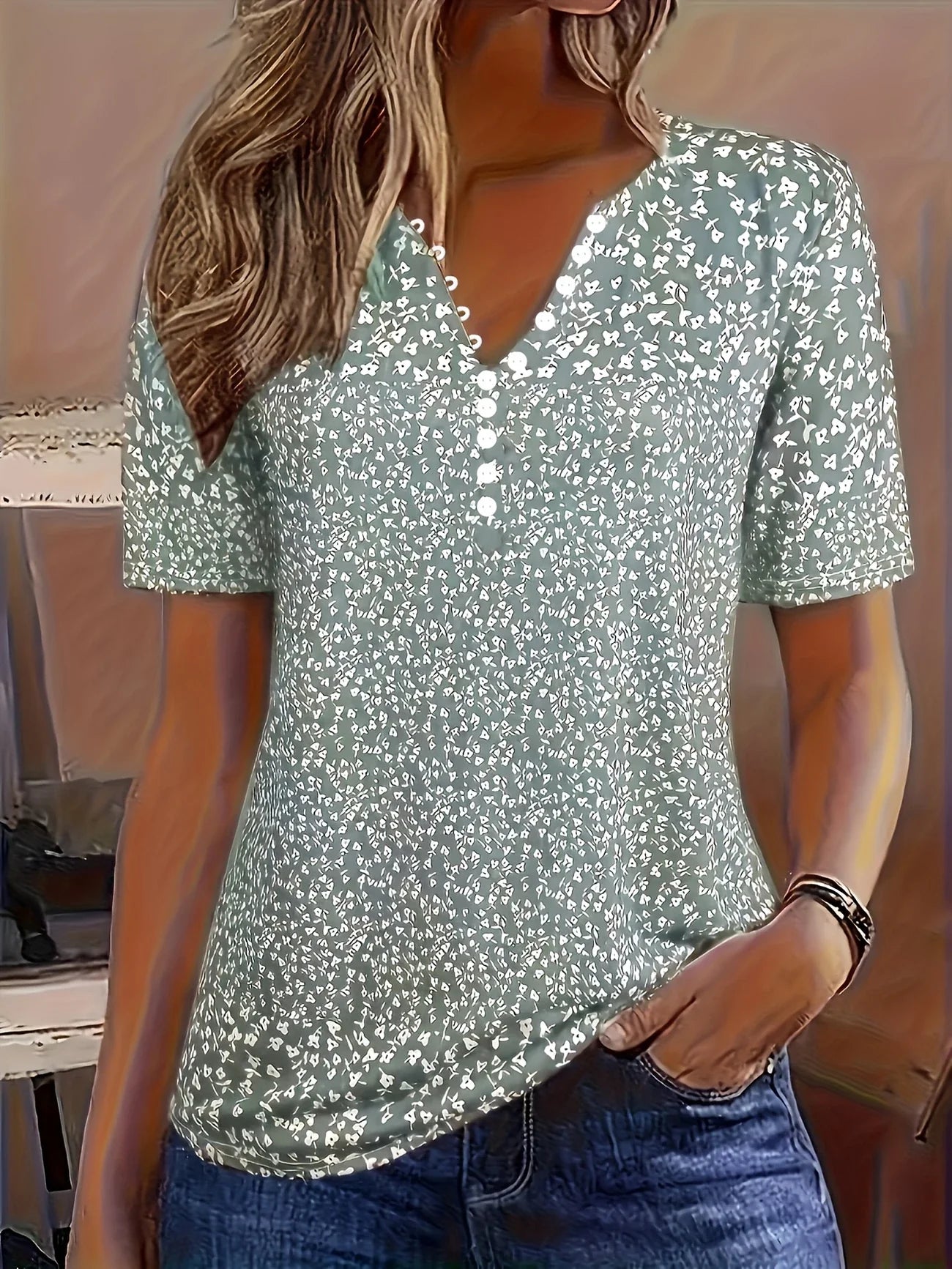 Variant image for Damen Top V-Ausschnitt Beige Größe M Polyester-1