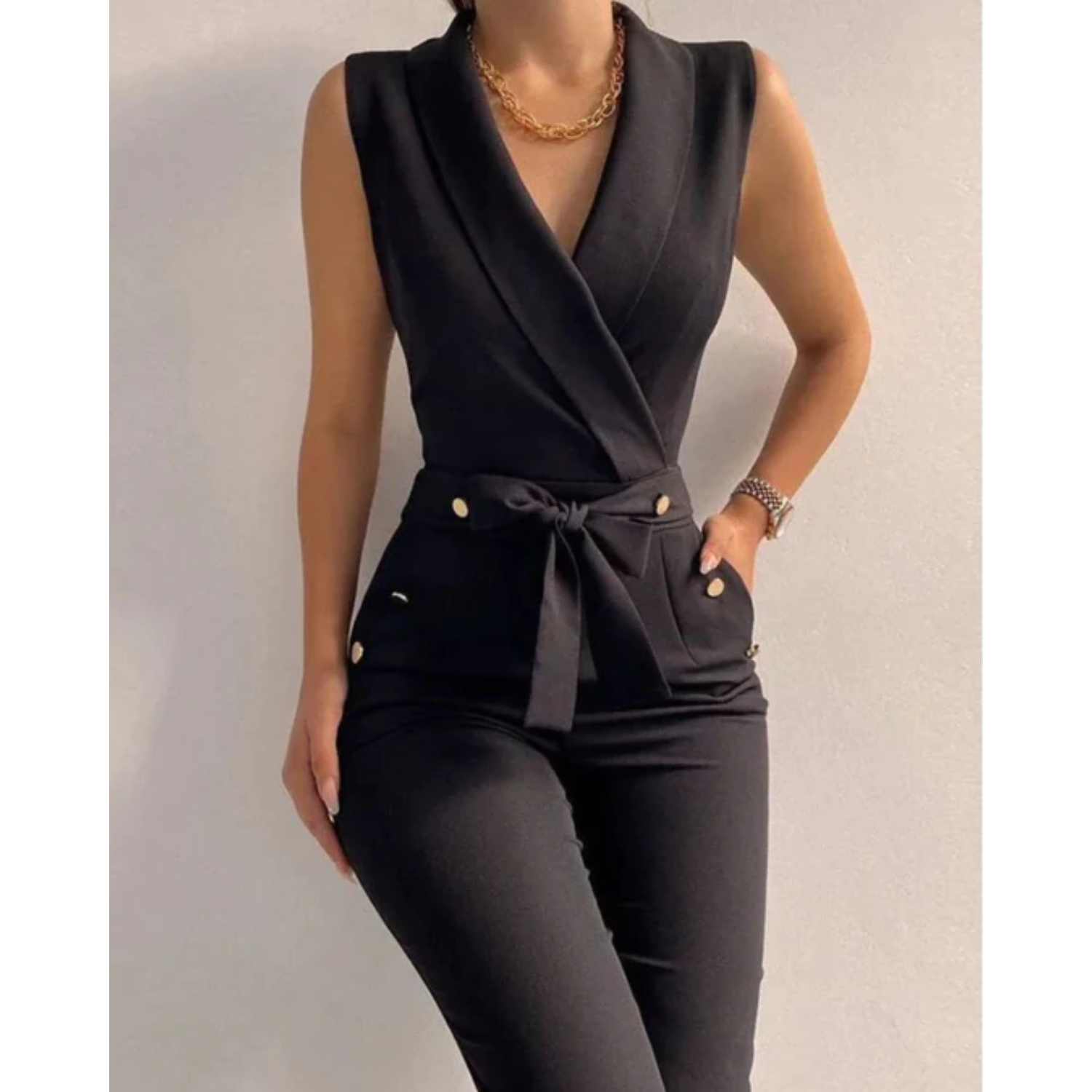 Variant image for Damen Jumpsuit Schwarz Größe M Baumwolle Ärmellos Elegant Sommer-13