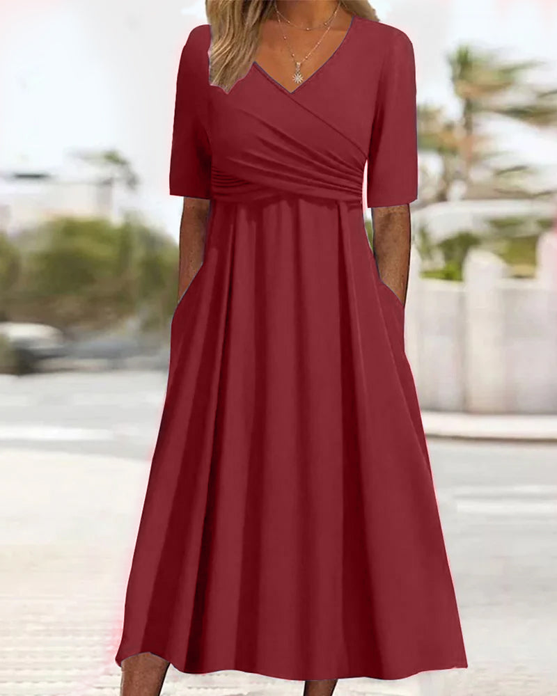 Variant image for Gekreuztes Kurzarmkleid für Damen mit V-Ausschnitt und A-Linie – Bequeme Baumwollmischung, Ideal für Alltag und Festlichkeiten-11