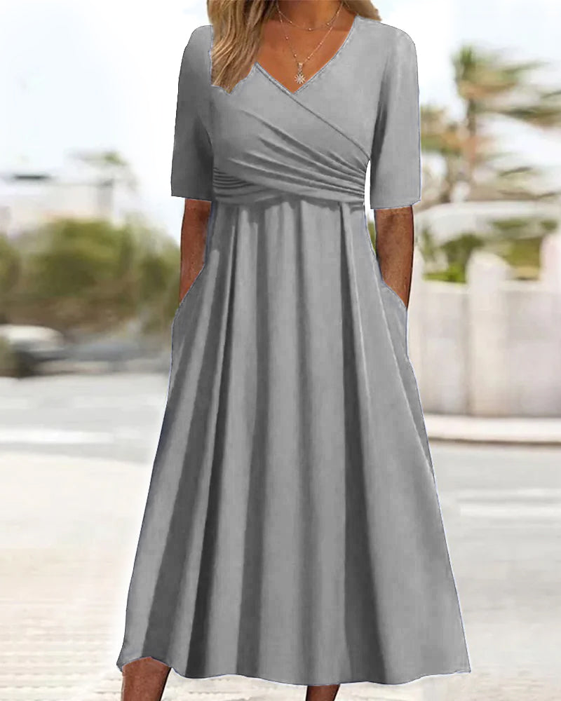 Variant image for Gekreuztes Kurzarmkleid für Damen mit V-Ausschnitt und A-Linie – Bequeme Baumwollmischung, Ideal für Alltag und Festlichkeiten-6