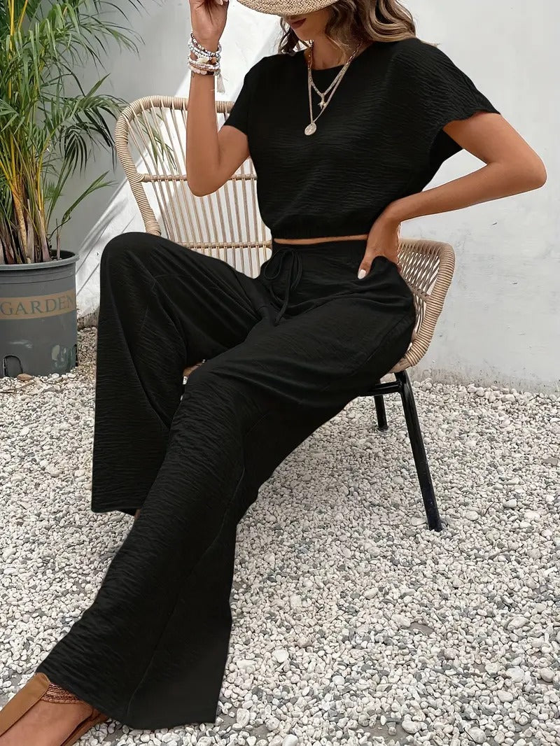 Damen Zweiteiler Beige Größe M Polyester - Eleganter Sommer Look mit Fledermausärmeln und Krawattenhose-3