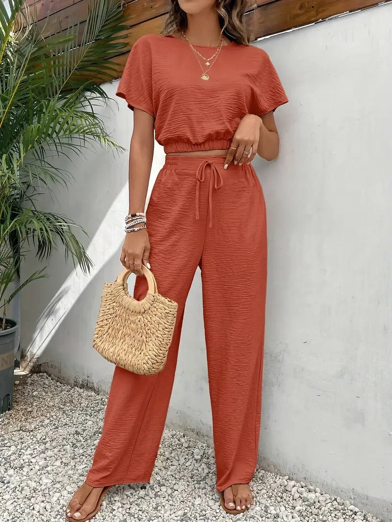 Variant image for Damen Zweiteiler Beige Größe M Polyester - Eleganter Sommer Look mit Fledermausärmeln und Krawattenhose-6
